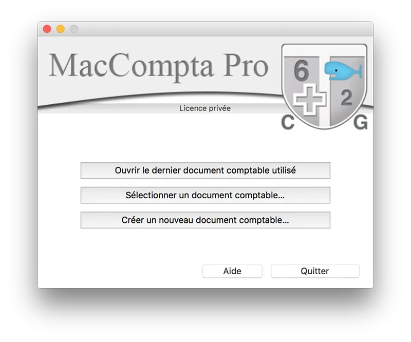 Fenêtre d'accueil du programme de comptabilité MacCompta Pro