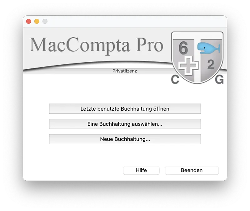 Startbildschirm des Buchhaltungsprogramms MacCompta Pro